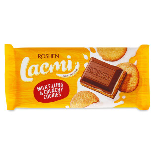 Шоколад молочний Roshen Lacmi з молочною начинкою та печивом, 100г (4823077633171)