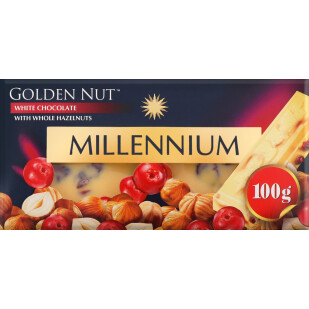 Шоколад белый Millennium Gold с цельным орехом и клюквой, 100г (4820005193097)