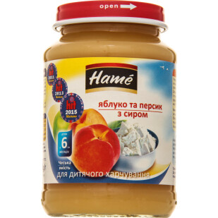 Пюре Hame Яблоко и персик с творогом, 190г (8595139703806)