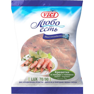 Креветки VICI в панцире с головой в/м, 70/90, 1кг (4770190375092)