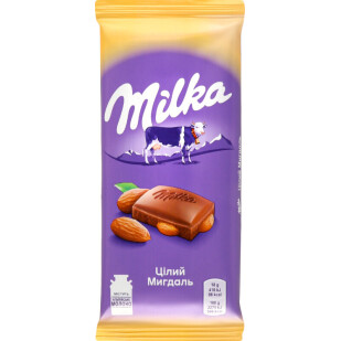 Шоколад молочний Milka з цільним мигдалем, 90г (7622210308139)