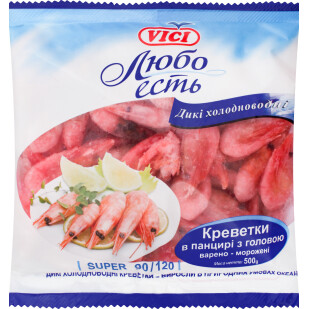 Креветки VICI в панцире с головой 90/120 Любо есть, 500г (4740056096737)