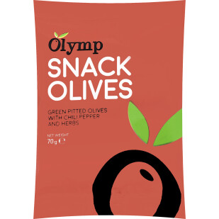 Оливки Olymp перец чили-трави зеленые б/косточки, 70г (5201409809934)