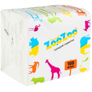 Серветки паперові ZooZoo 1-шарові білі 24х23см, 100шт/уп (4823019009293)
