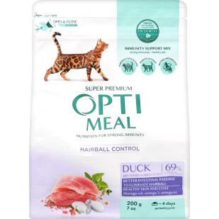 Корм для котов Optimeal с эффектом выведения шерсти утка сухой, 200г (4820215362412)