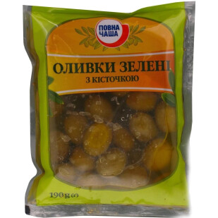 Оливки Повна Чаша зеленые с косточкой фил-пак, 190г (4824034050437)