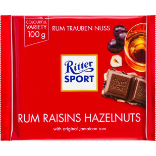 Шоколад молочный Ritter Sport с ромом, изюмом и орехами, 100г (4000417012005)