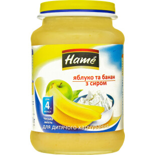 Пюре Hame яблоко и банан с творогом, 190г (8595139780531)