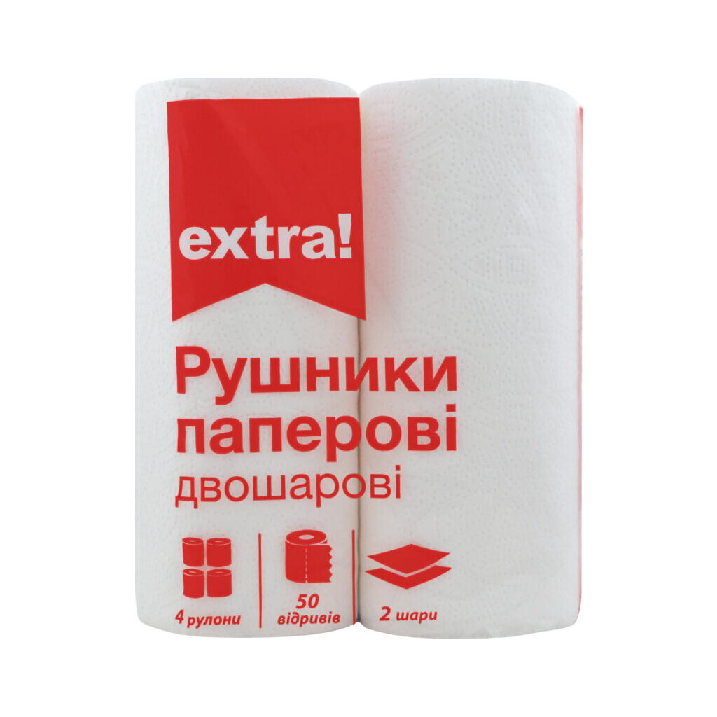 Рушники паперові Extra! білі 2-шарові, 4шт/уп (4824034049530)