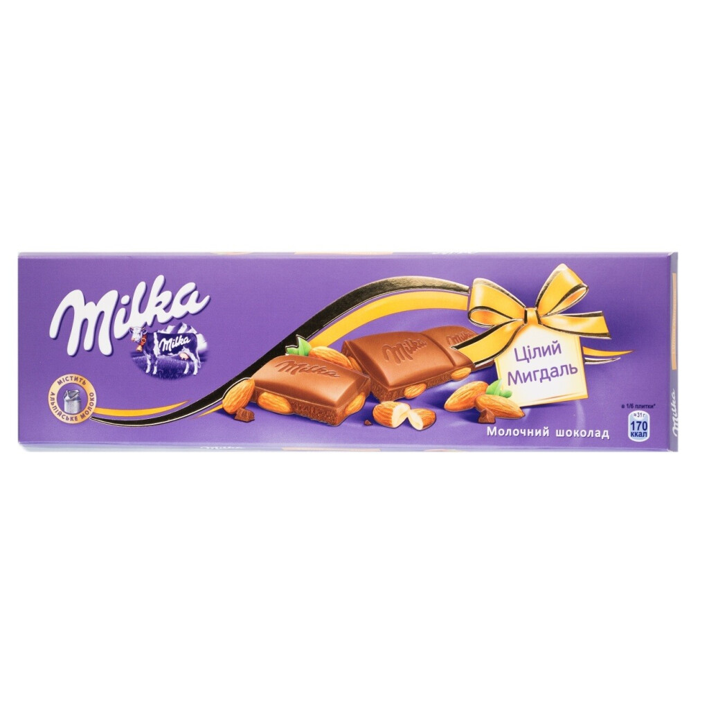 Шоколад Milka молочный с цельным миндалём, 185г (7622210433596)
