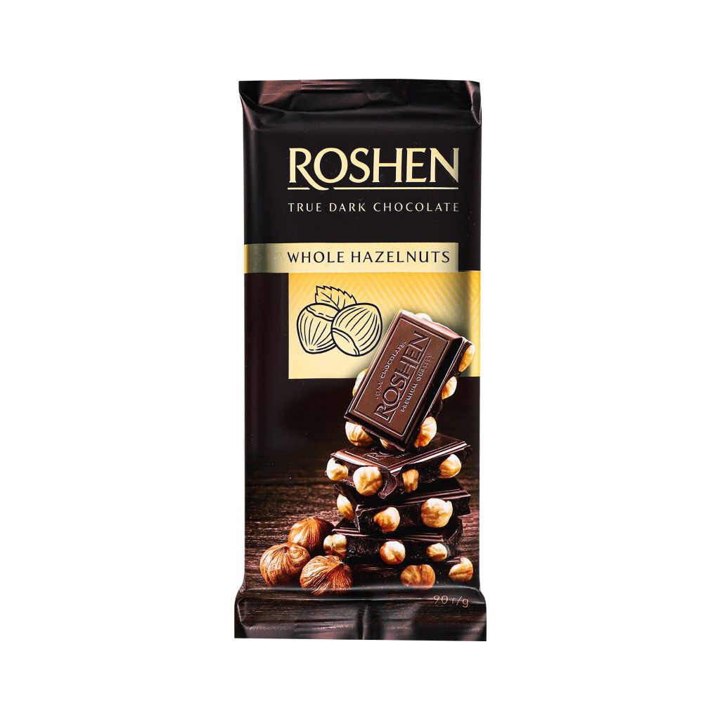 Шоколад Roshen экстрачерный с целыми лесными орехами, 90г (4823077613203)