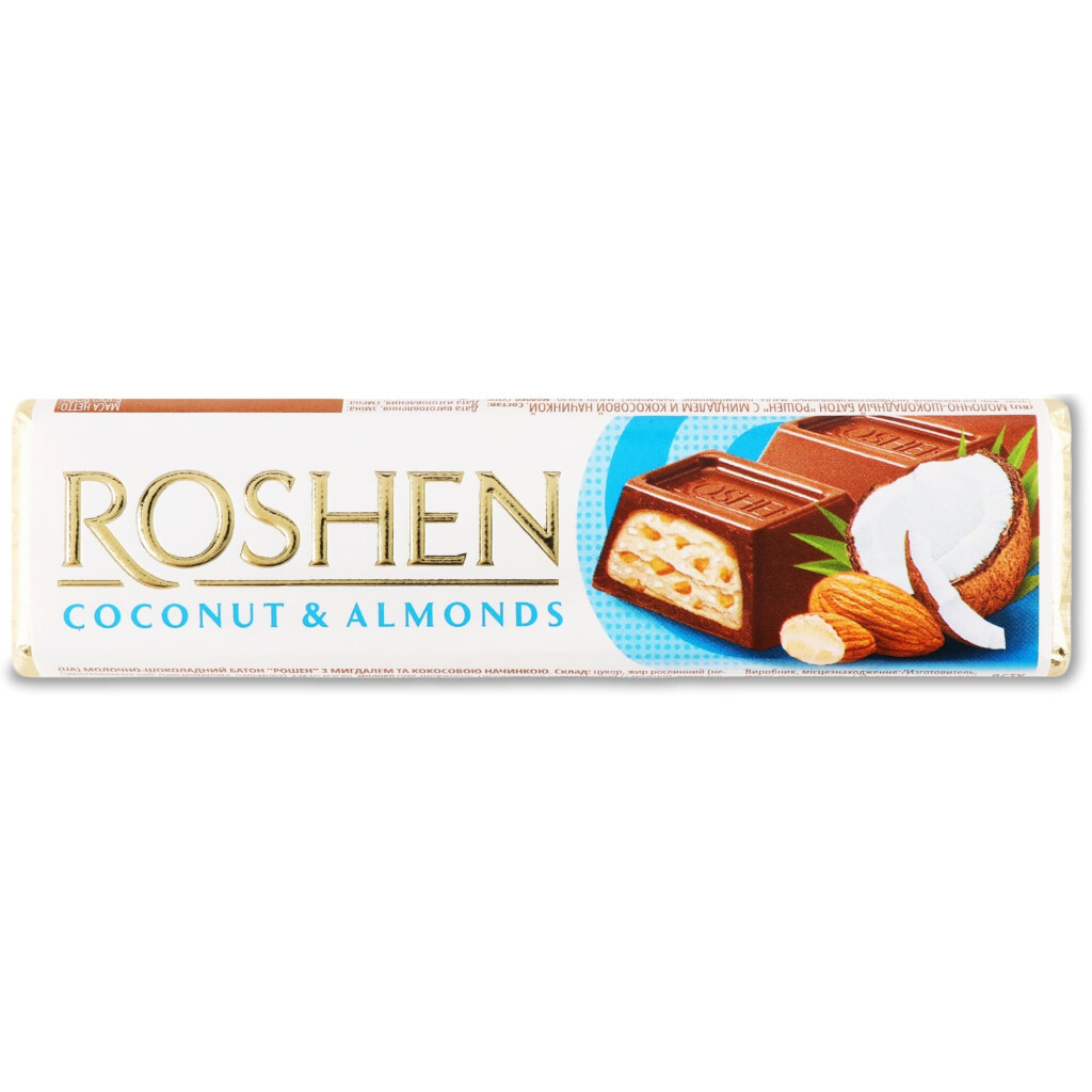 Батончик Roshen с миндалем и кокосовой начинкой в молочном шоколаде, 38г (4823077639449)