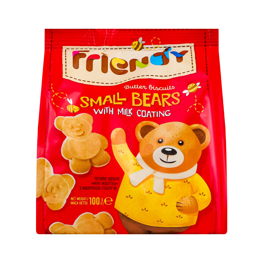 Печиво Friendy Small Bears з молочною глазур'ю здобне, 100г (4820167919351)