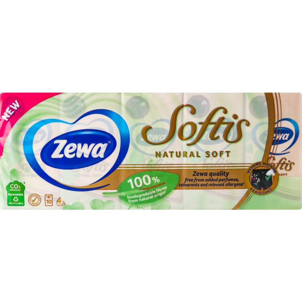 Платочки бумажные Zewa Softis Natural Soft 4-слойные, 10шт (7322541351872)