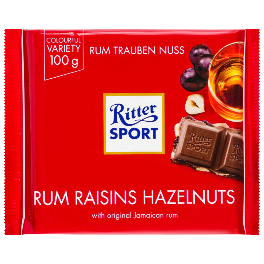 Шоколад молочний Ritter Sport з ромом, родзинками та горіхами, 100г (4000417012005)