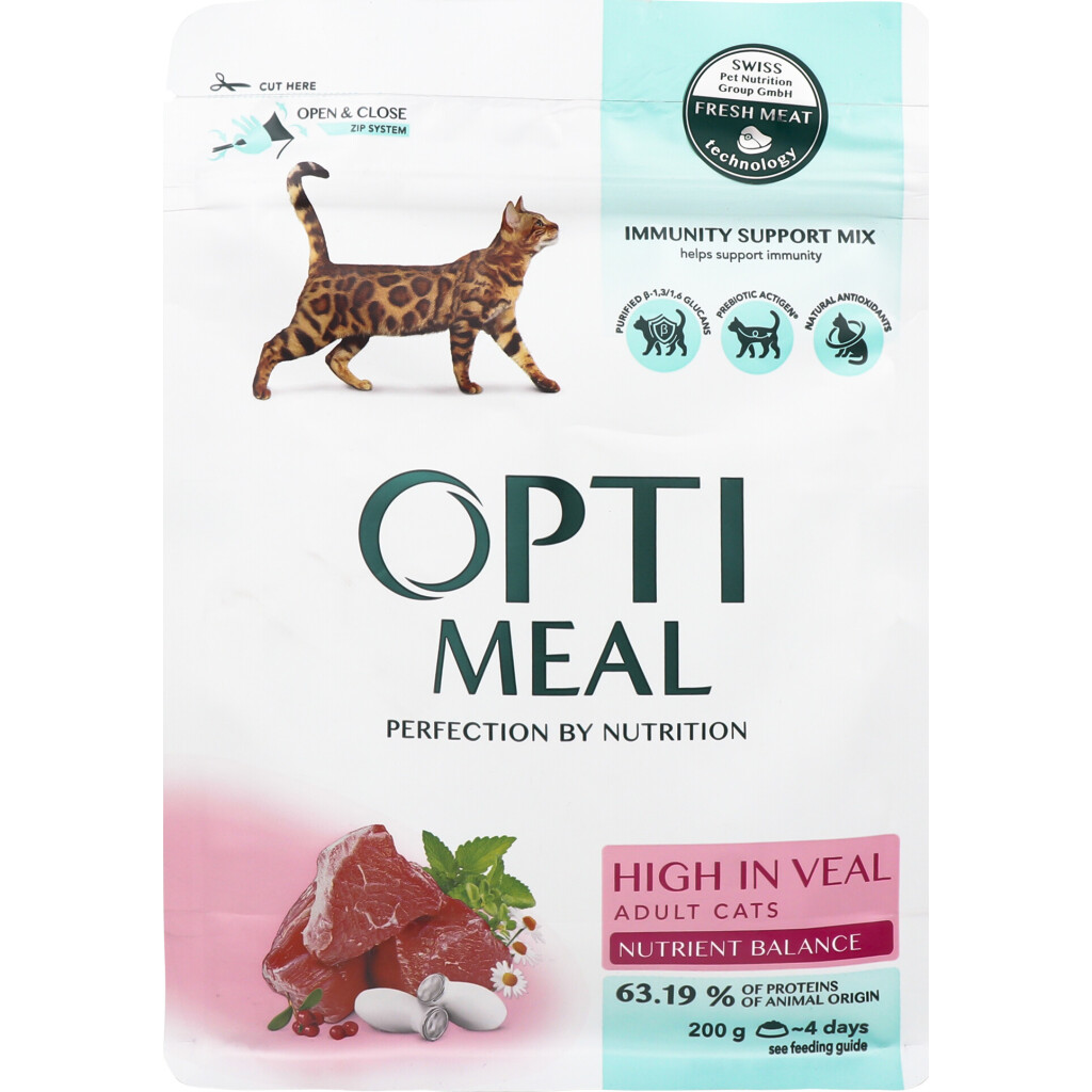 Корм для котов Optimeal с высоким содержанием телятины сухой, 200г (4820215360173)