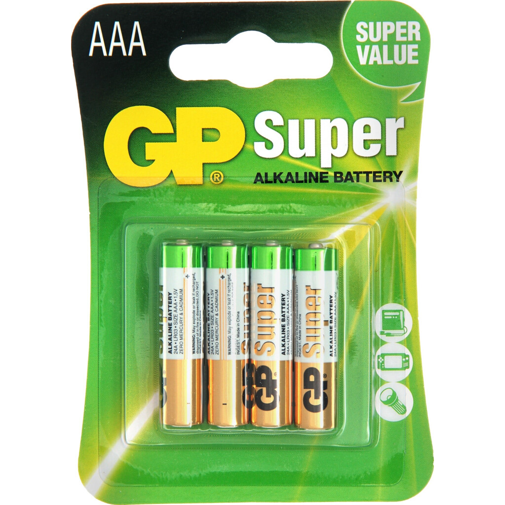 Батарейки GP Super + Alkaline AAA LR03, 4шт/уп (4891199000058)