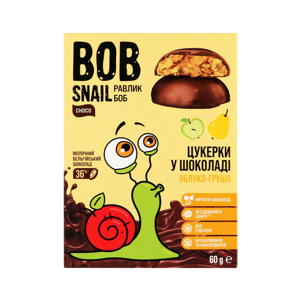 Конфеты Bob Snail яблочно-грушевые с бельгийским молочным шоколадом, 60г (4820219341604)