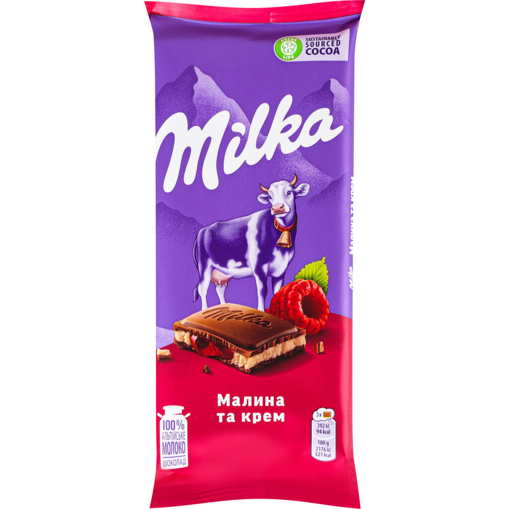 Шоколад молочный Milka малина и крем, 90г (7622201825133)