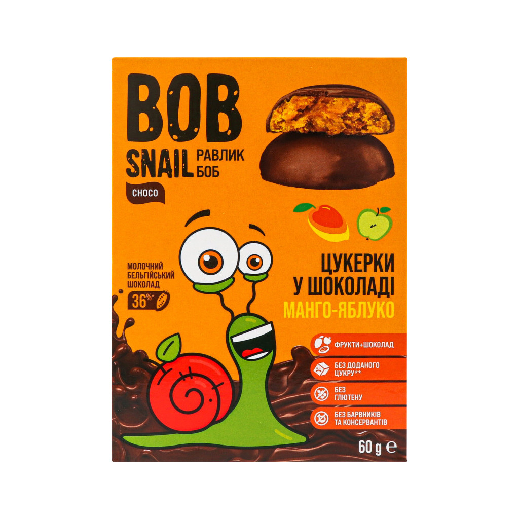 Цукерки Bob Snail манго-яблуко в молочному бельгійському шоколаді, 60г (4820219345756)