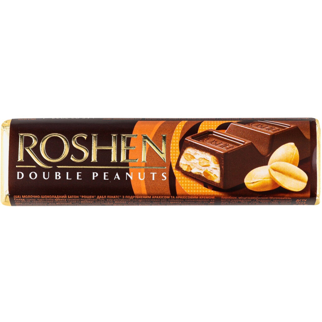 Батончик Roshen Double peanuts шоколадний з арахісом, 39г (4823077639852)