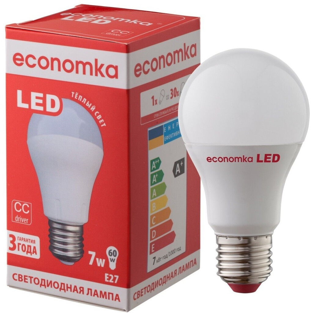 Лампа Экономка LED A60 7W 2800K E27, шт (4820172680307)