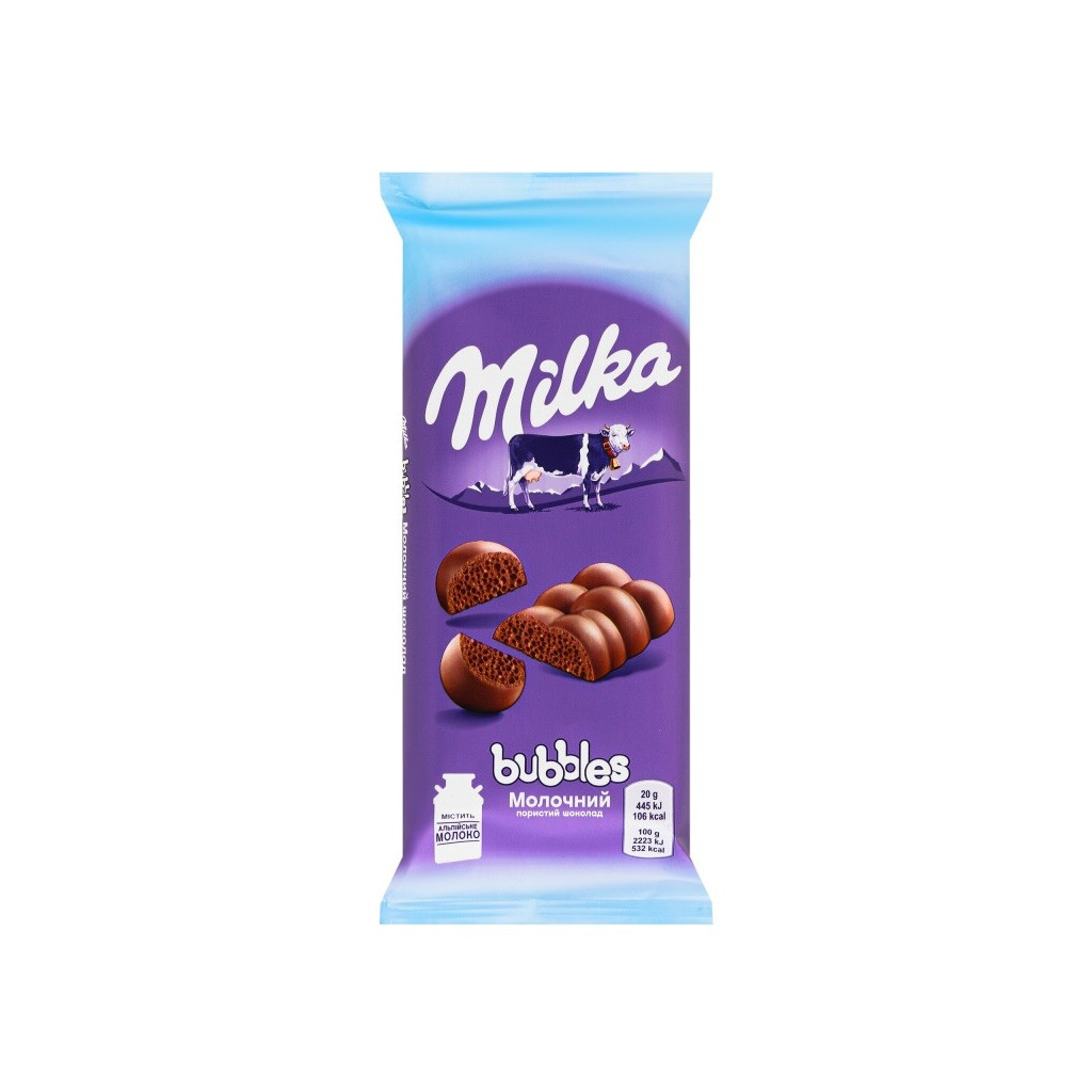 Шоколад молочний Milka Bubbles пористий, 80г (7622300789114)