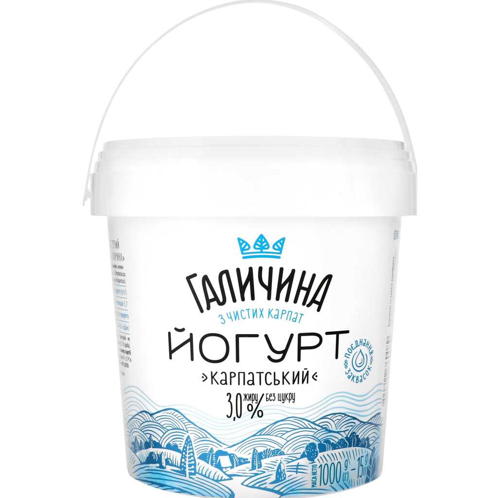 Йогурт Галичина Карпатский без сахара 3% ведро, 1000г (4820222760089)