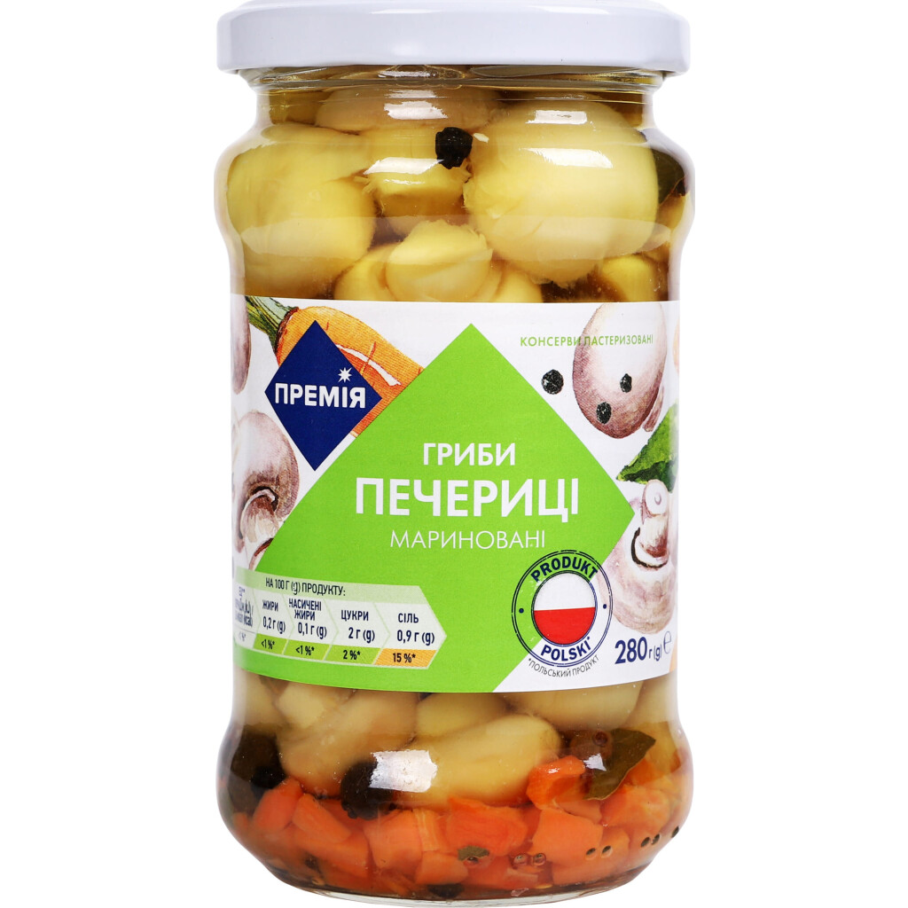 Грибы Премія Шампиньоны маринованные целые, 280г (4823096418445)