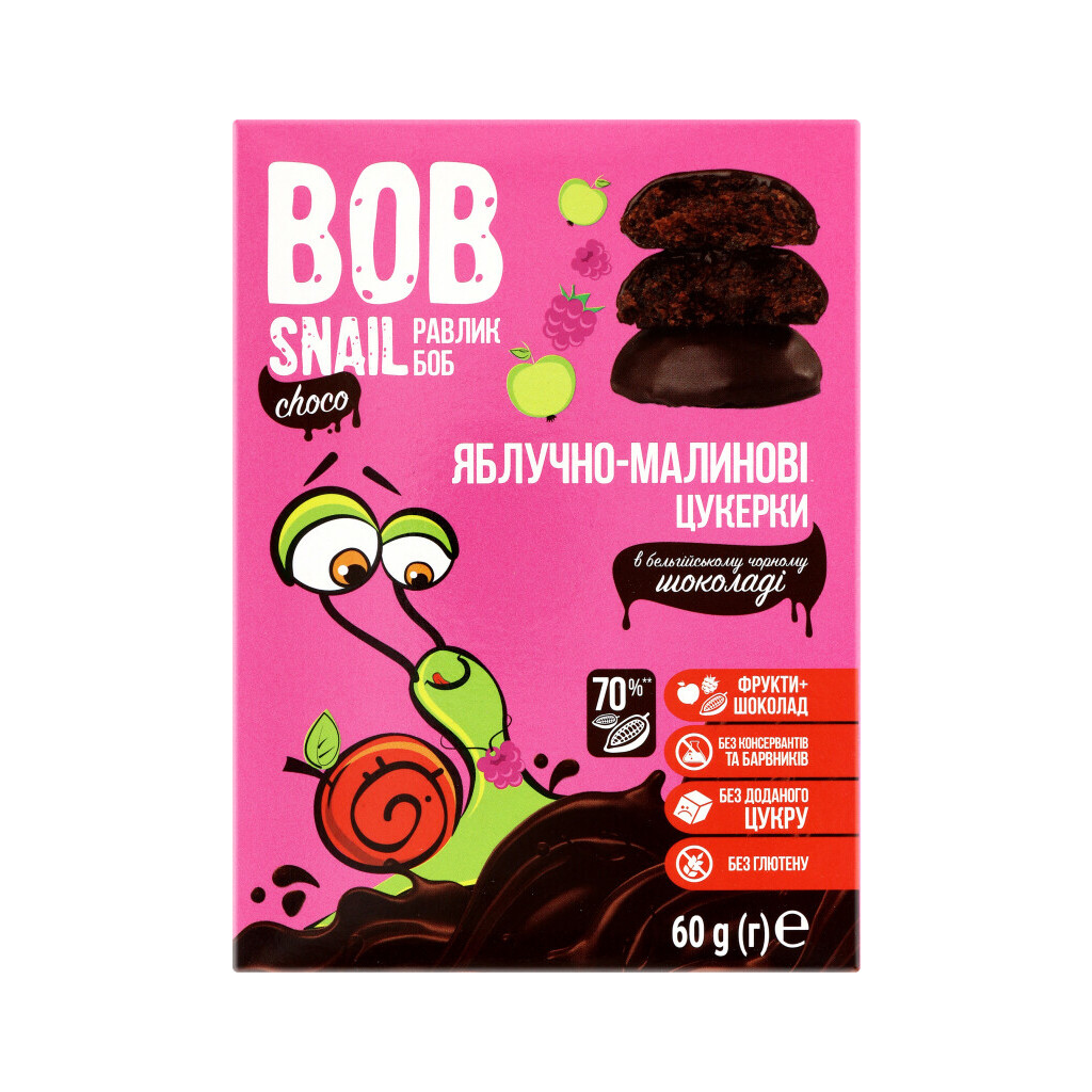 Конфеты Bob Snail яблочно-малиновые с бельгийским черным шоколадом, 60г (4820219341345)