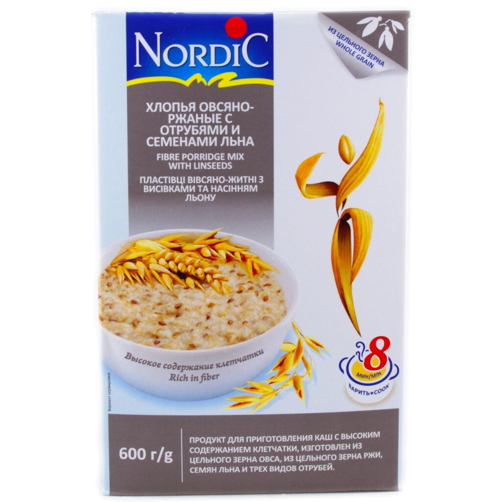 Хлопья овсяно-ржаные Nordic с отрубями и семенами льна, 600г (6411200106715)