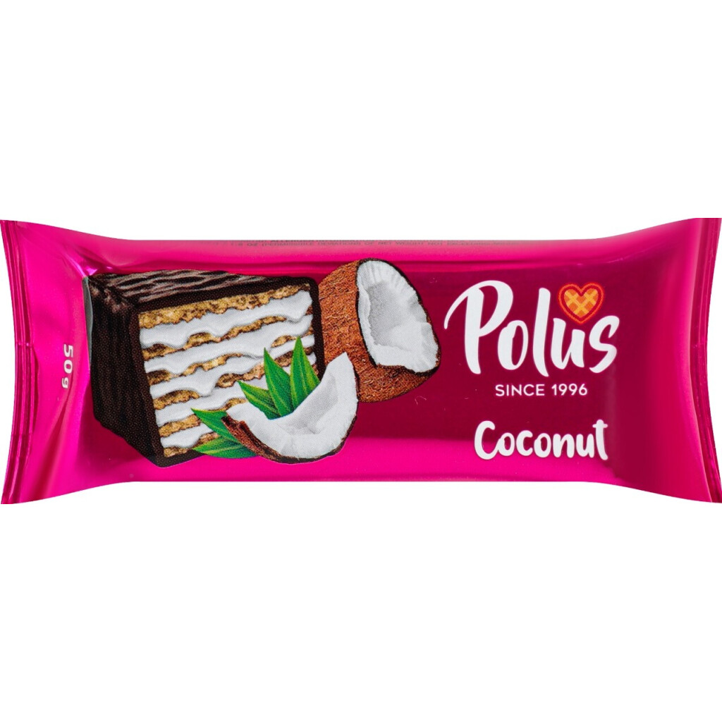 Торт Polus вафельный глазурированный с кокосом, 50г (4820204210113)