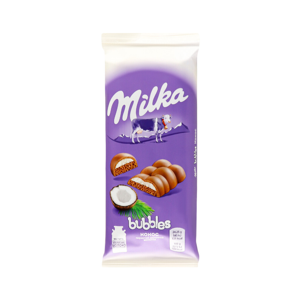 Шоколад молочний Milka Bubbels пористий з кокосом, 97г (7622210786647)
