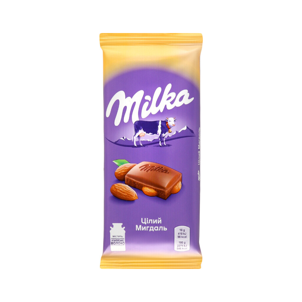 Шоколад молочный Milka с цельным миндалем, 90г (7622210308139)