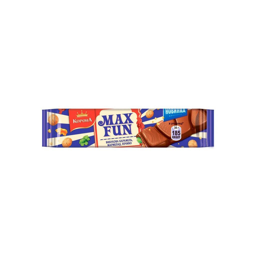 Шоколад молочный Корона Max Fun мармелад-печенье-карамель, 38г (7622210316363)