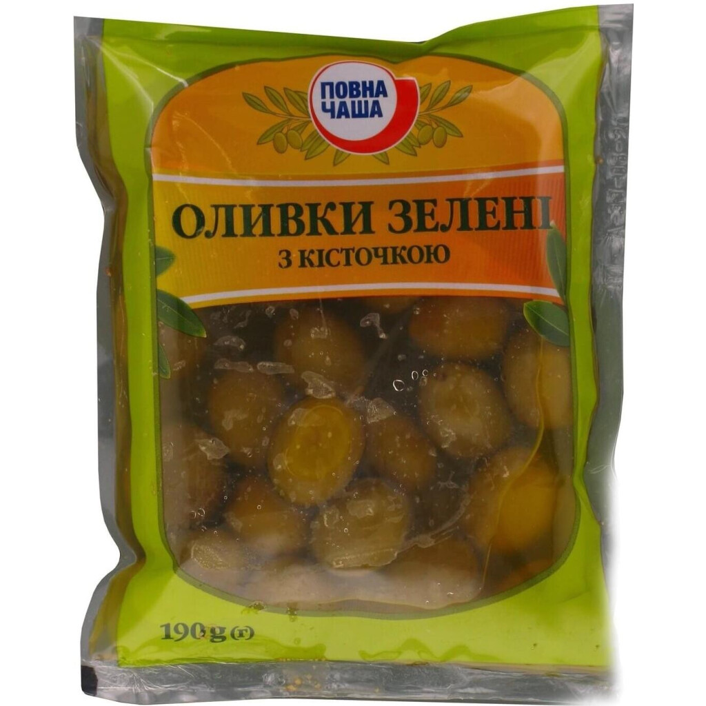 Оливки Повна Чаша зеленые с косточкой фил-пак, 190г (4824034050437)