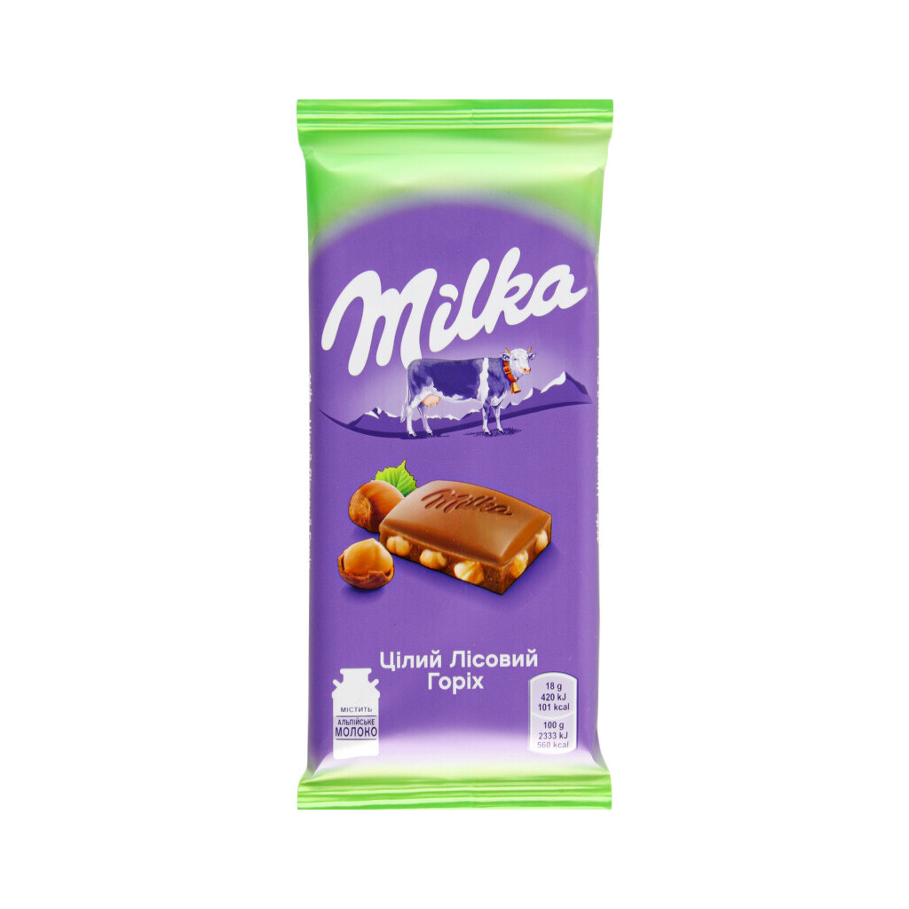 Шоколад молочный Milka с цельным лесным орехом, 90г (7622210308122)